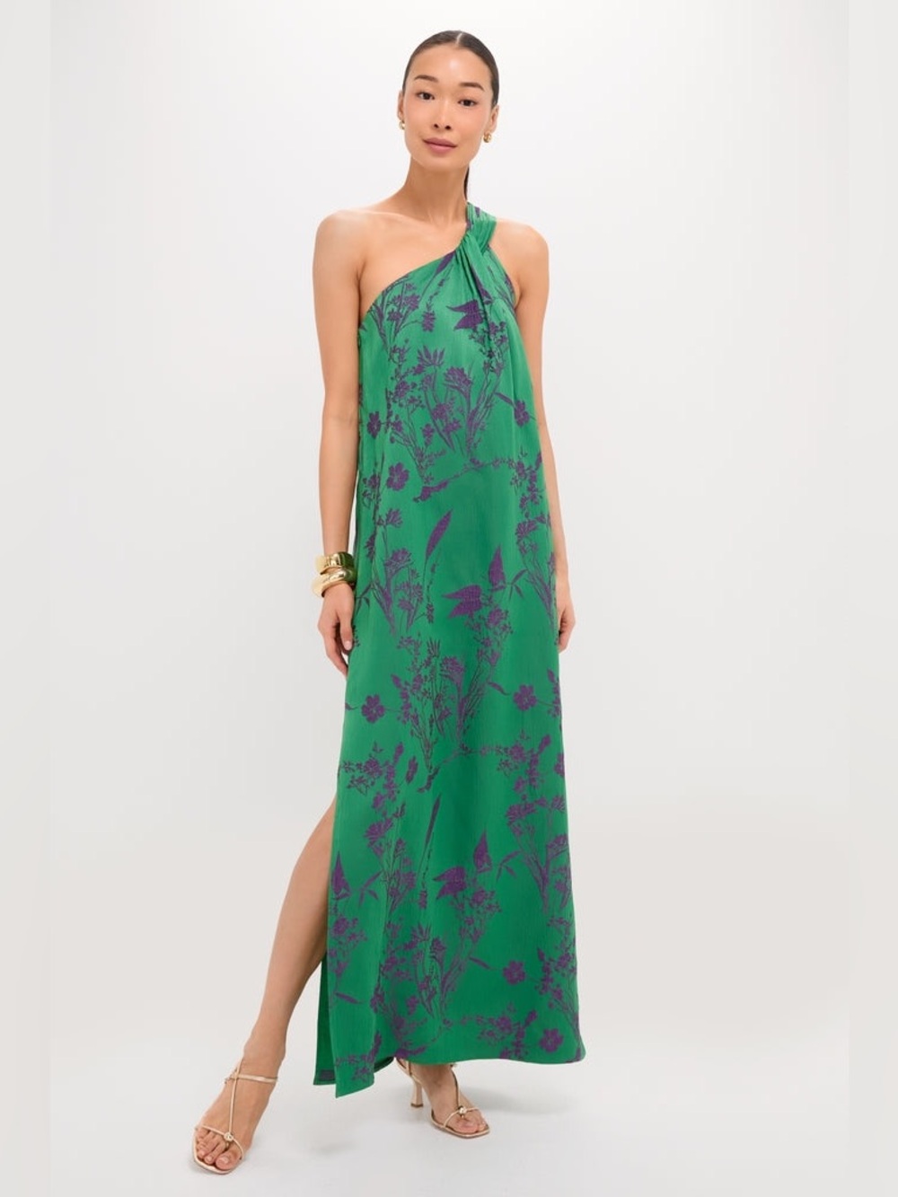 NWT, Pomander Place Soleil One-Shoulder Emerald Jacquard Gown | Size 6